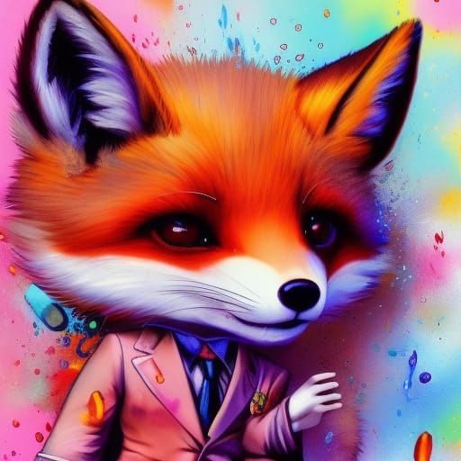 Adorable Chibi Fox in Suit, Detailed Matte Painting