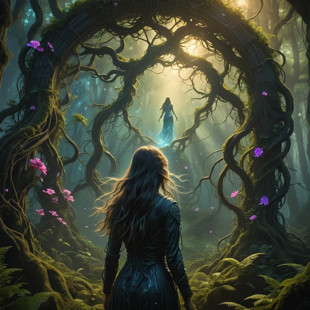 Woman Transcending Through Portal in Dreamlike Forest