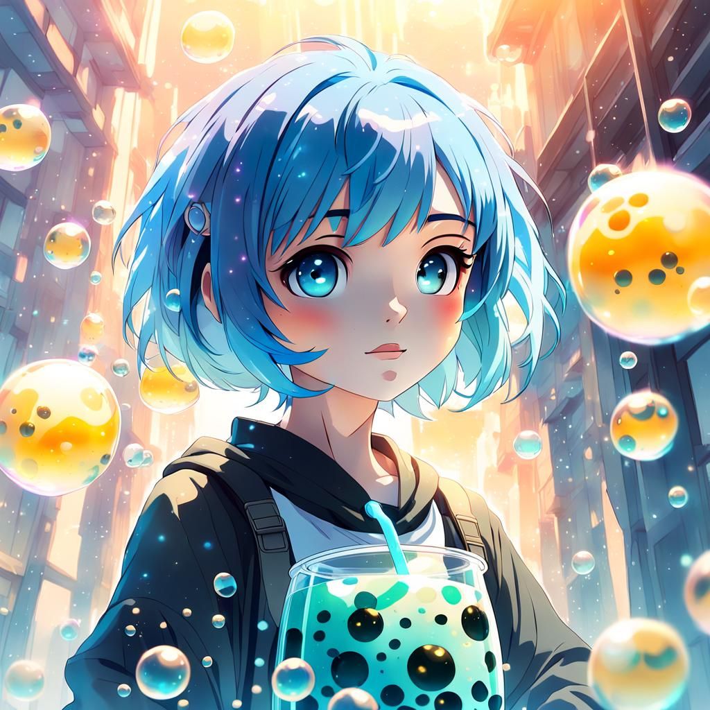 Anime Girl with Boba in Watercolor Style