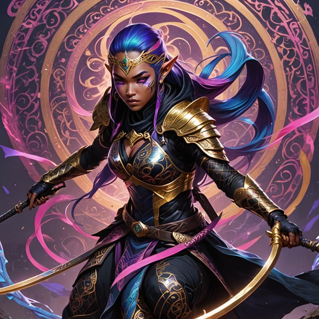 Elven Ninja Warrior with Cobra Mount in Fantasy Art