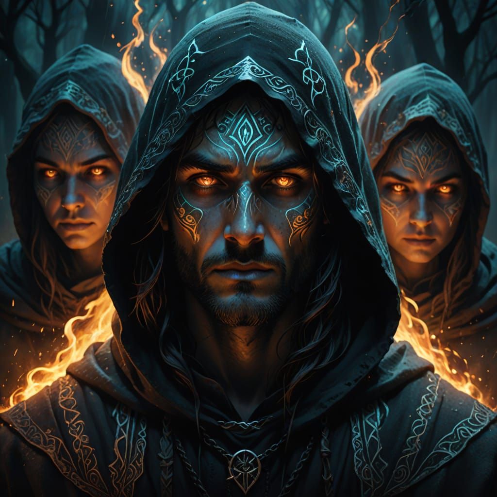 Mystical Figures Emerge from Shadows with Glowing Eyes