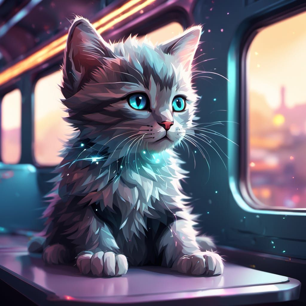 Kitten on Train in Surreal Low-Poly Art