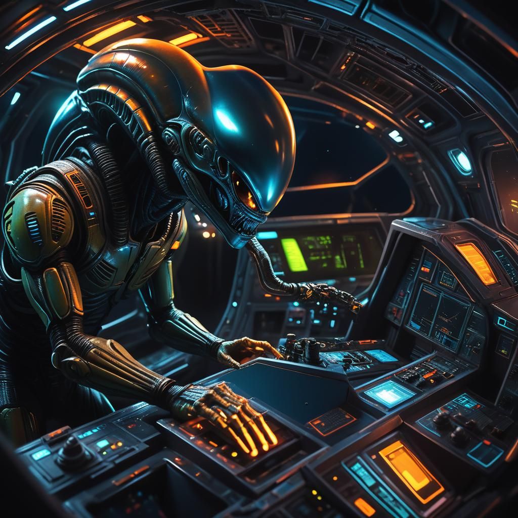 Alien Examines Spaceship Controls in Cinematic Still