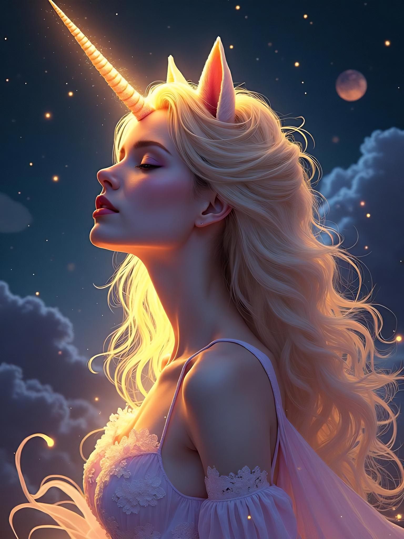 Cosmic Unicorn Woman in Dreamy Night Sky