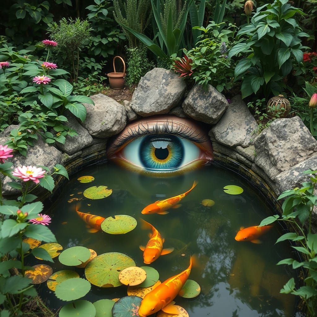 Surreal Eye Merged with Overgrown Koi Pond