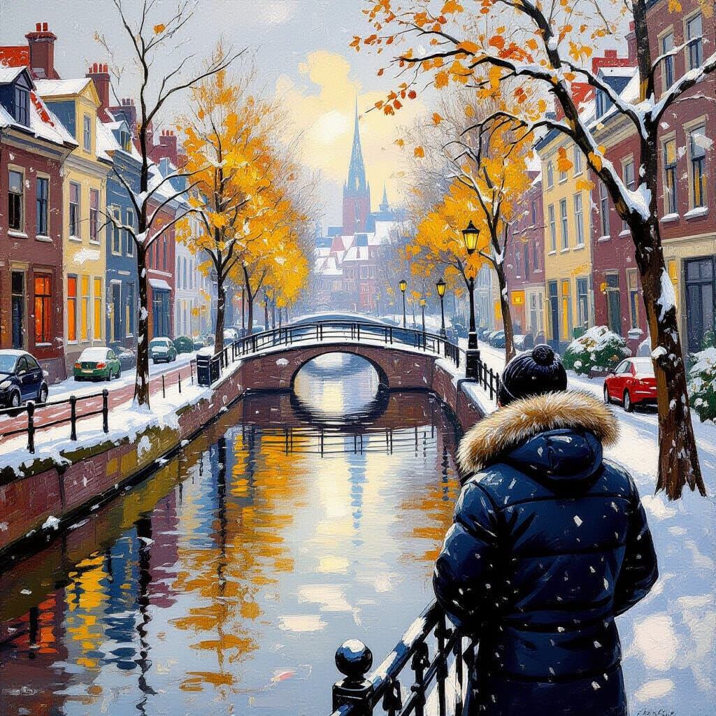 Autumn City Canal Scene in Impressionist Style