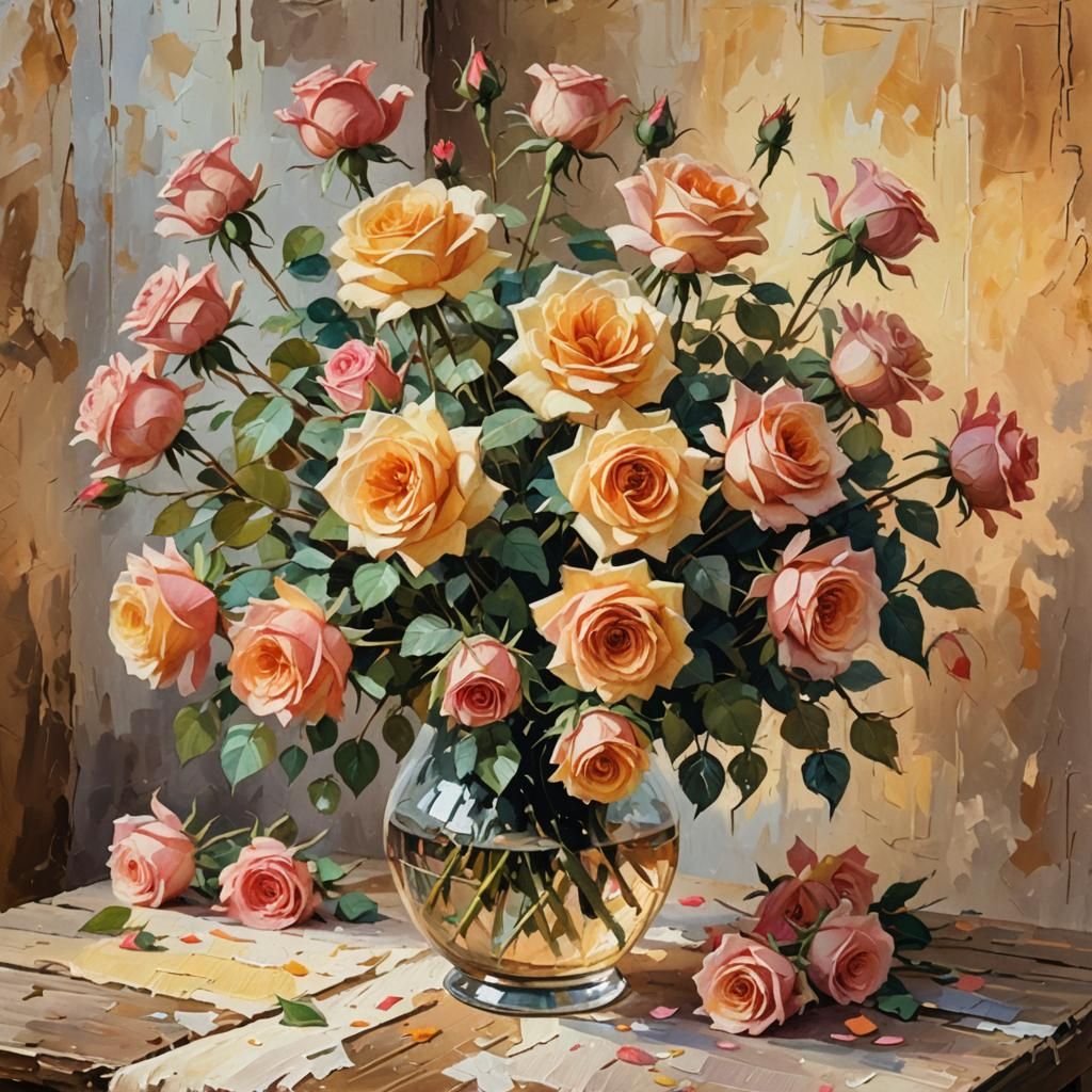 Impressionist Gouache Roses in Rustic Setting