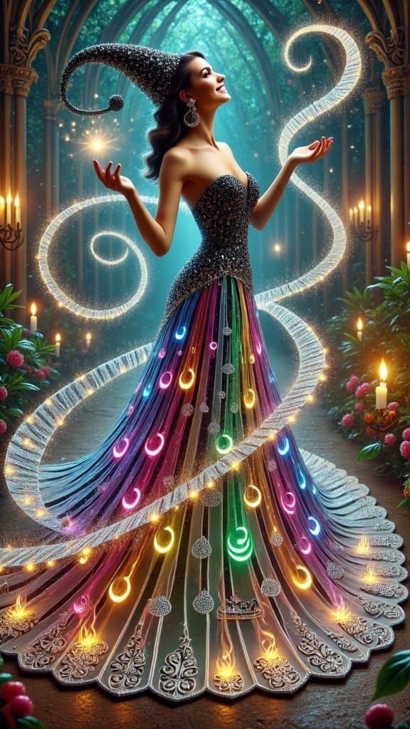 Mystical Jester in Iridescent Magic Dress Casts Hypnotic Spe...