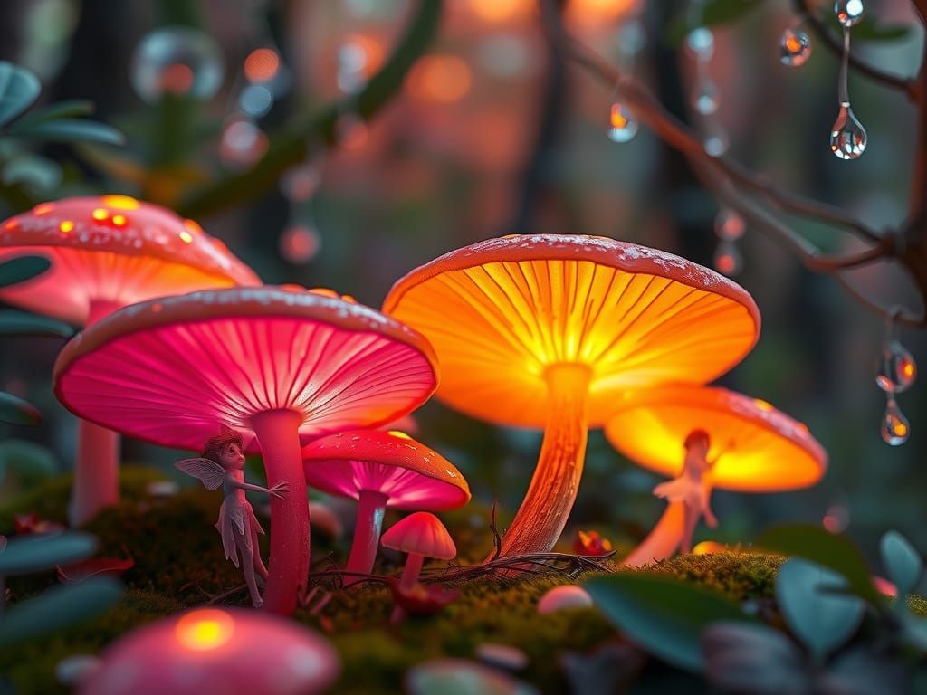 Enchanted Whimsical Forest with Iridescent Mushrooms and Fai...