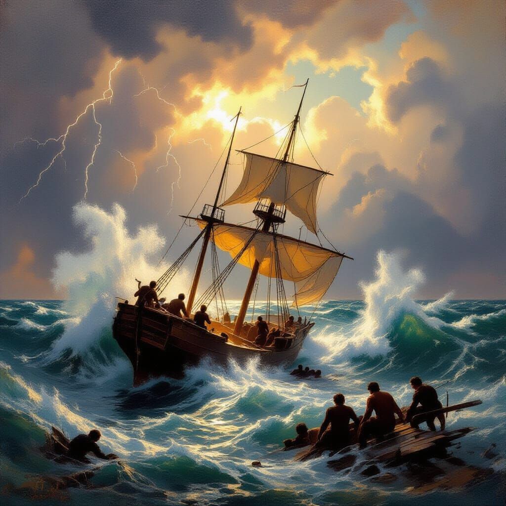 Romantic Stormy Sea Scene with Sinking Ship