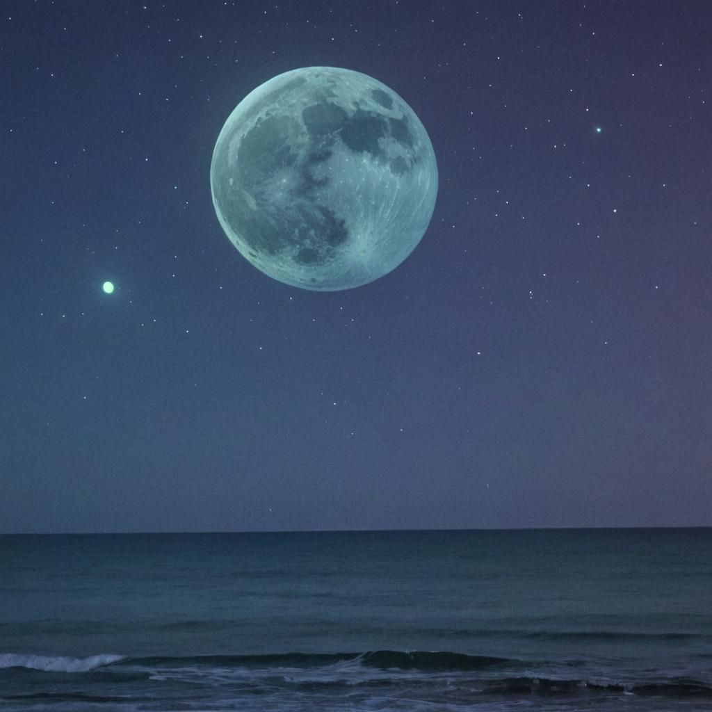 Bioluminescent Moon and Planets Over Neon Waves