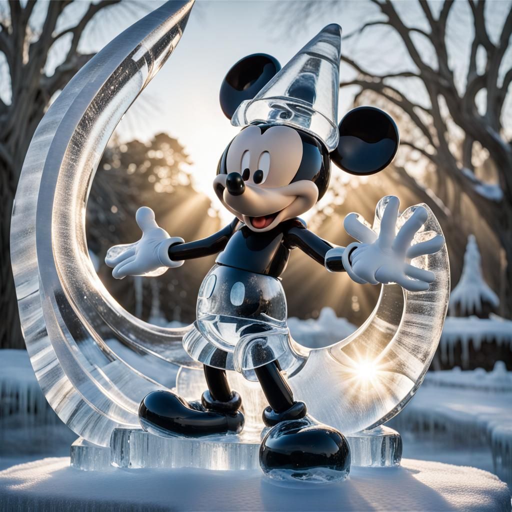 A piece of artwork that captures the ethereal beauty of sunlight cascading onto a mesmerizing ice sculpture of Mickey Mo...
