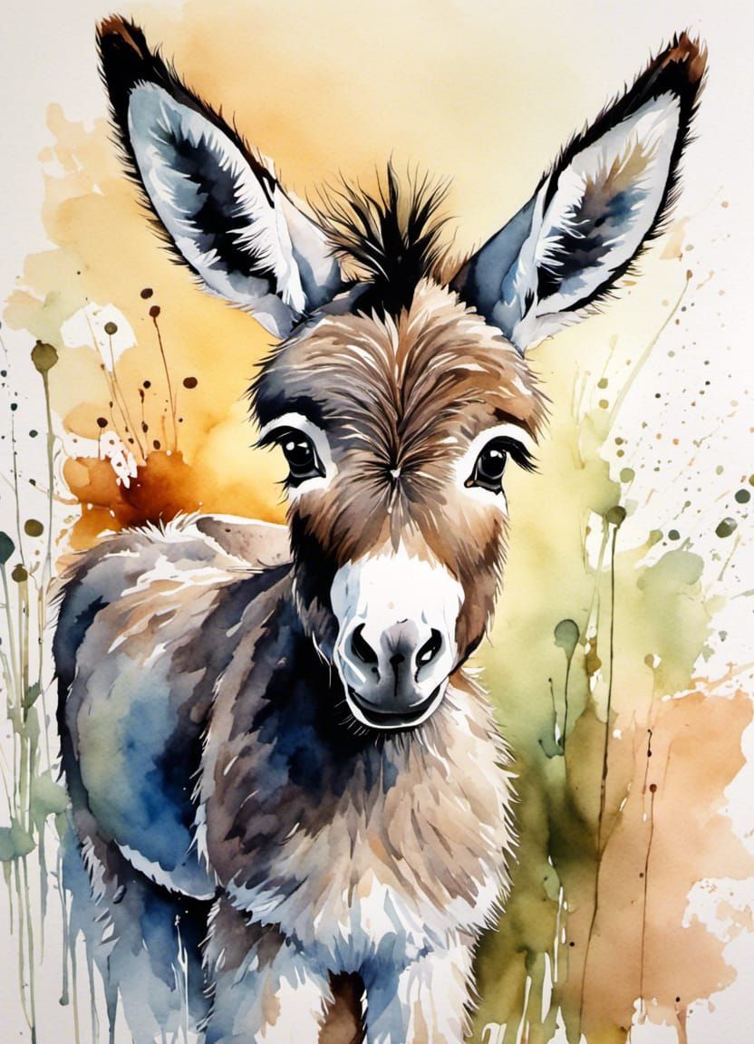 Adorable Baby Donkey in Watercolor Style