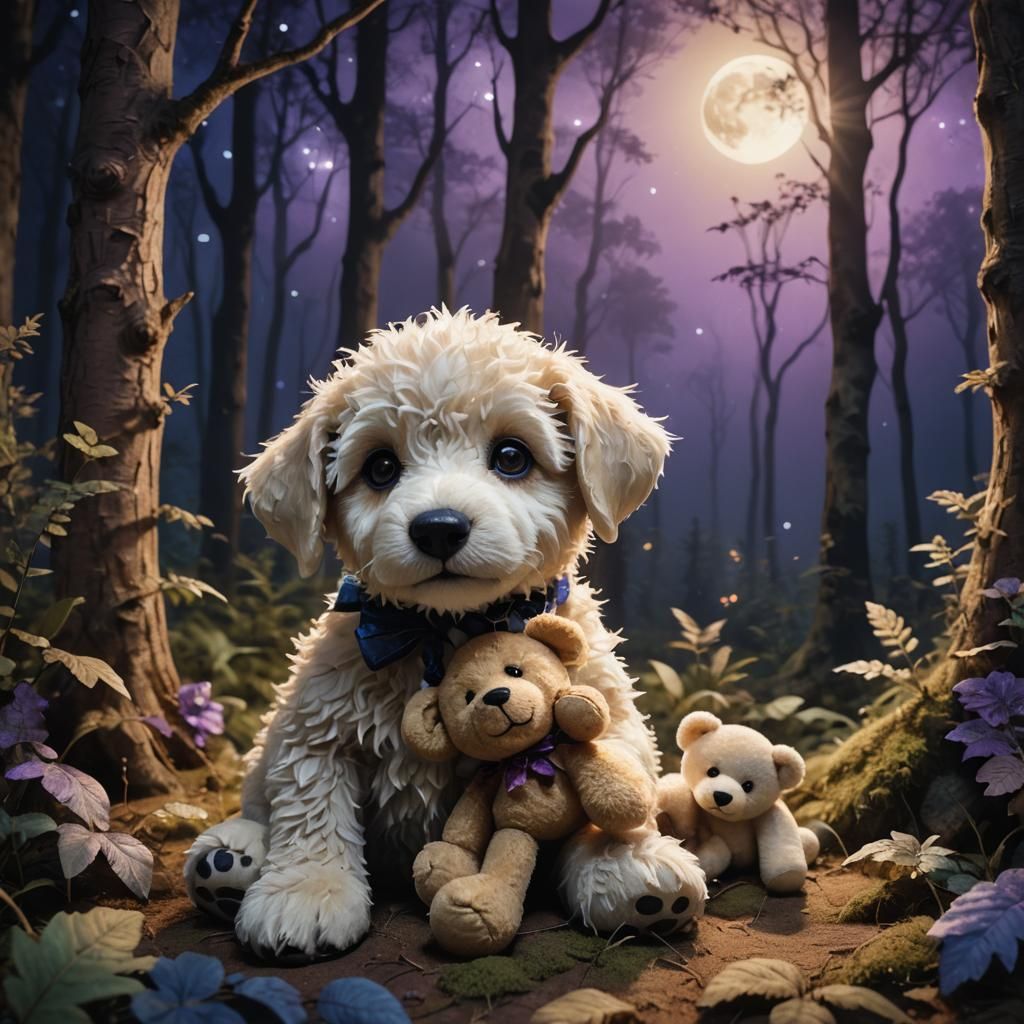 Puppy and Teddy Bear in Moonlit Forest
