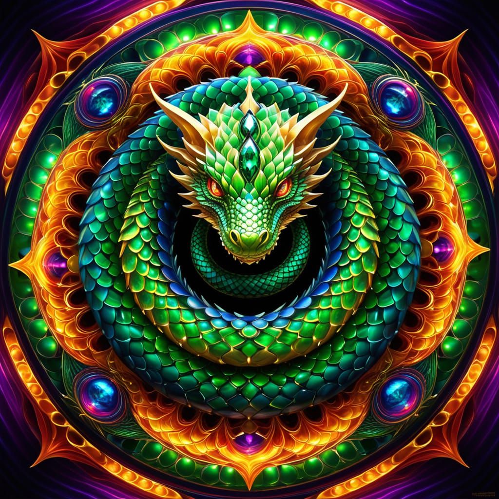 Mirrored Dragon Swims Through Kaleidoscopic Vortex