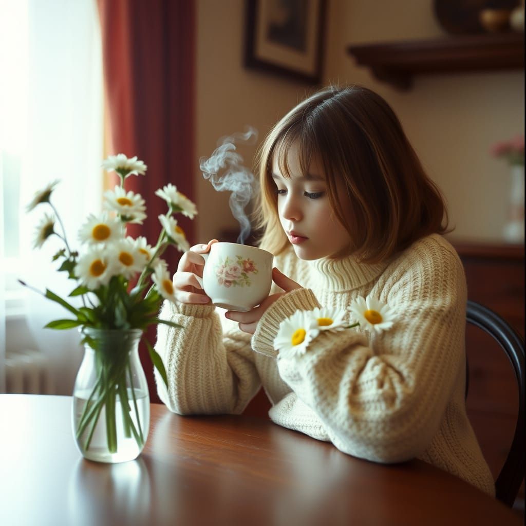 Girl Sipping Tea: A Cinematic Film Still