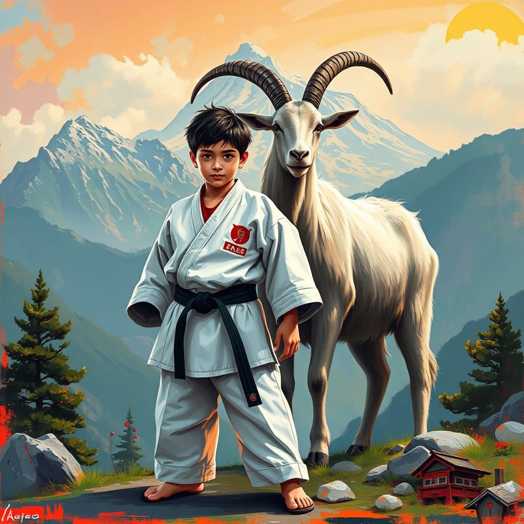 Karate Student and Goat in Anime Style