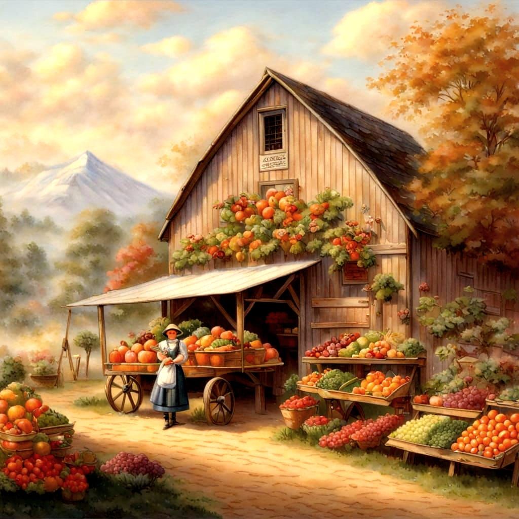 Farm Girl at Fruit Stand in Kinkade Style