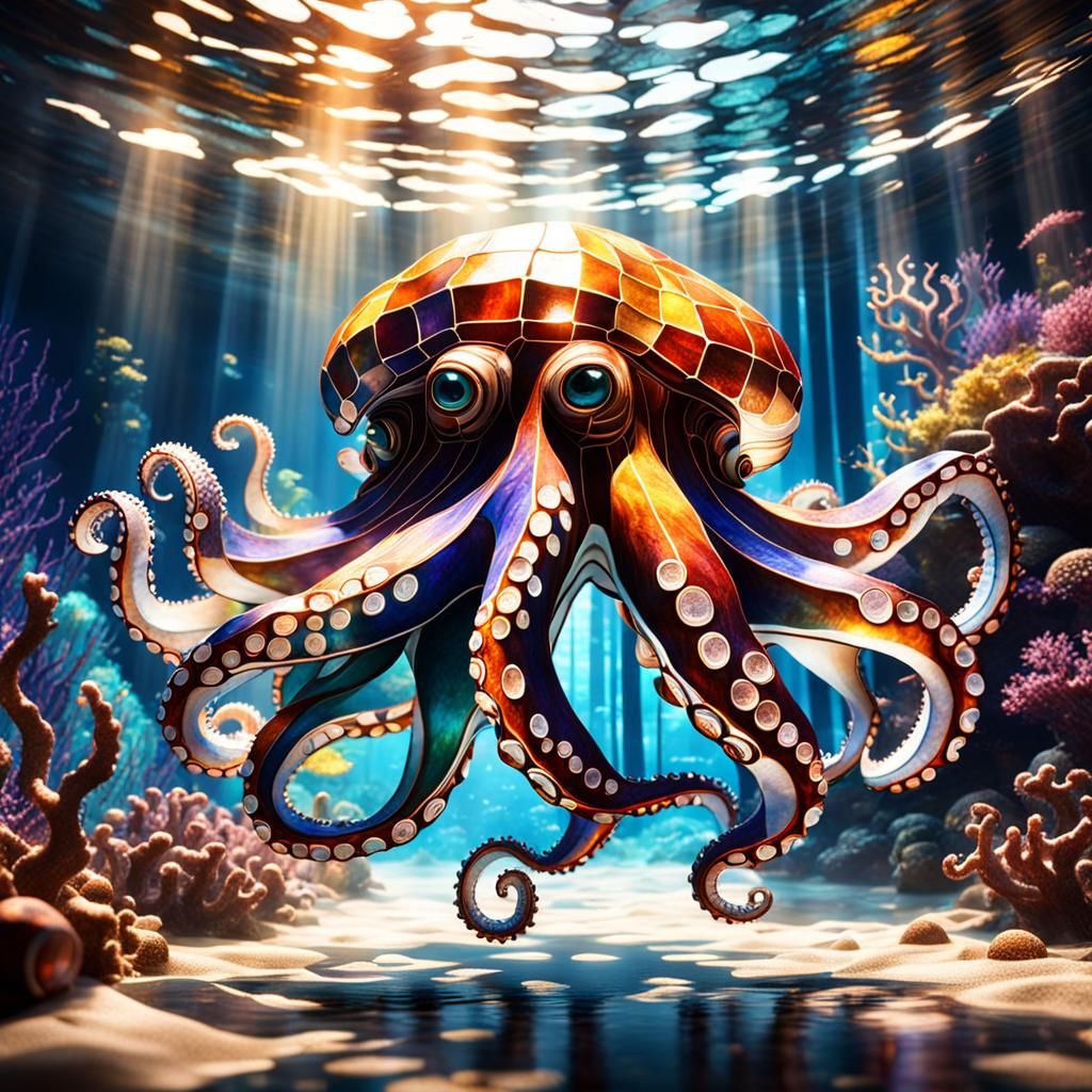Stained Glass Octopus Sculpture in Dramatic Lighting