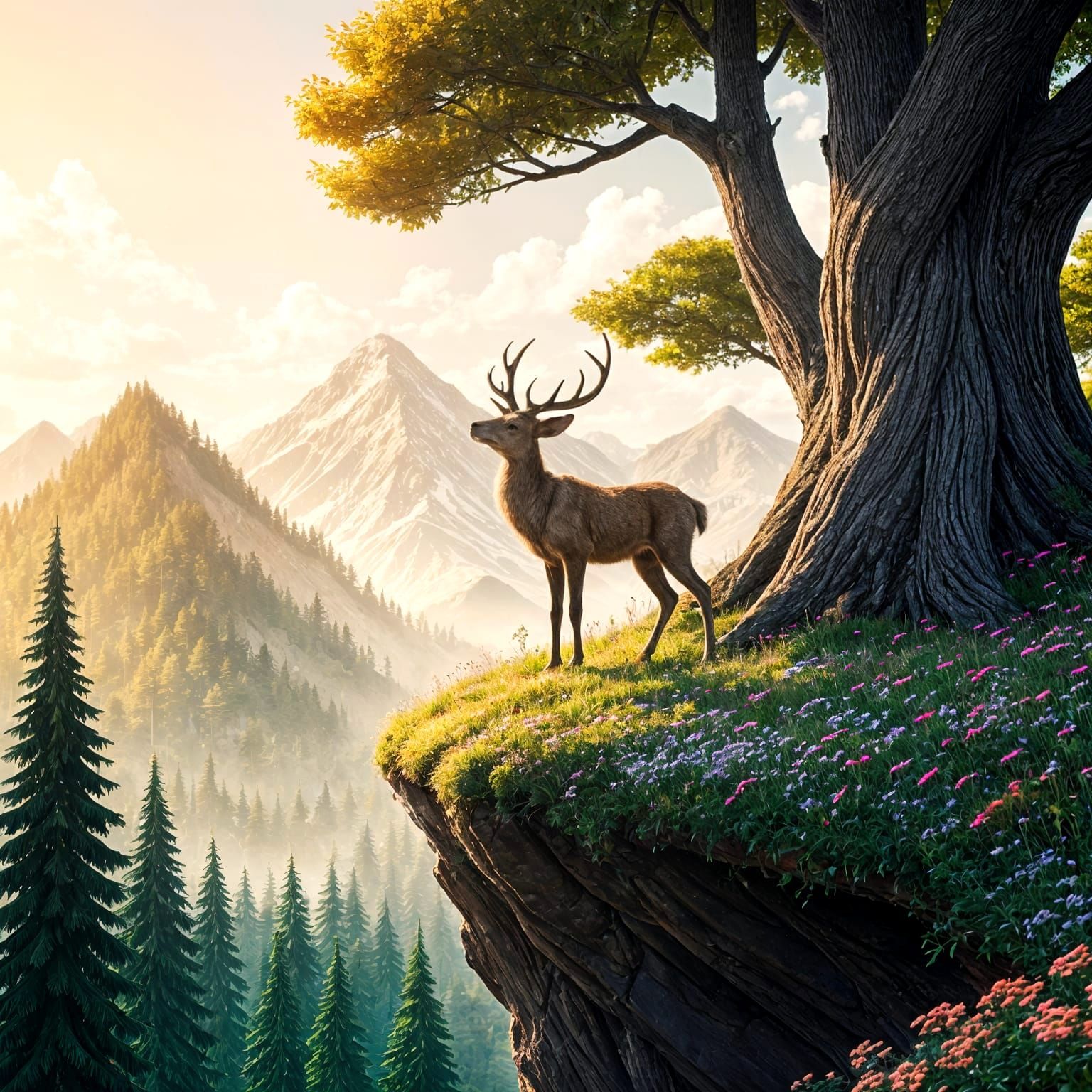 Watercolor Painting of Wild Deer on Cliff
