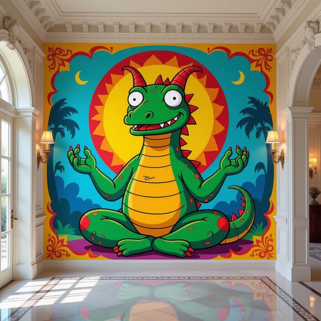 Simpsons Style Mural of Meditative Reptile