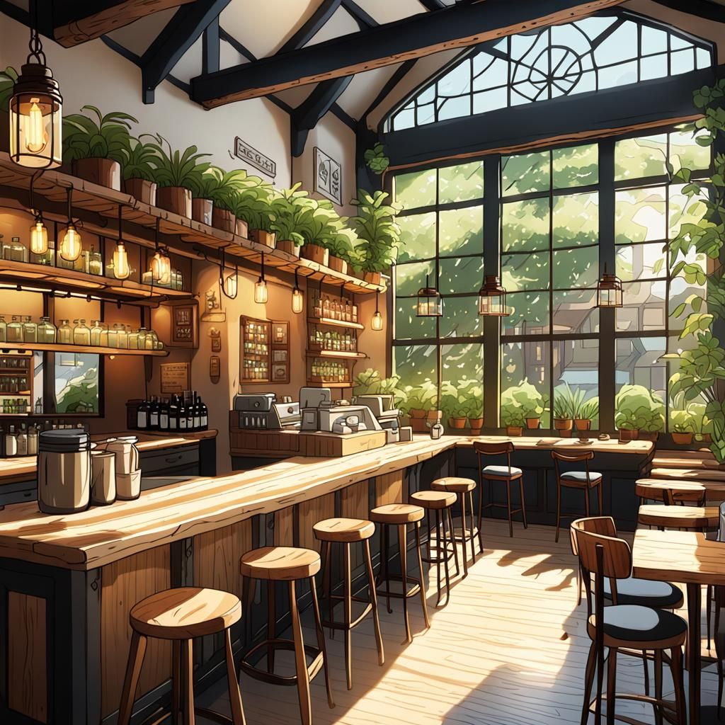 Cozy Anime Cafe Interior in Sunlight
