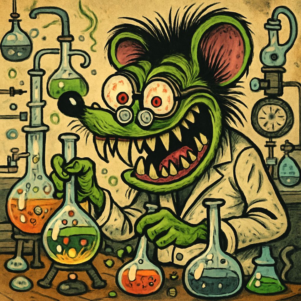Vintage Cartoon of a Grotesque Rat Fink Mad Scientist