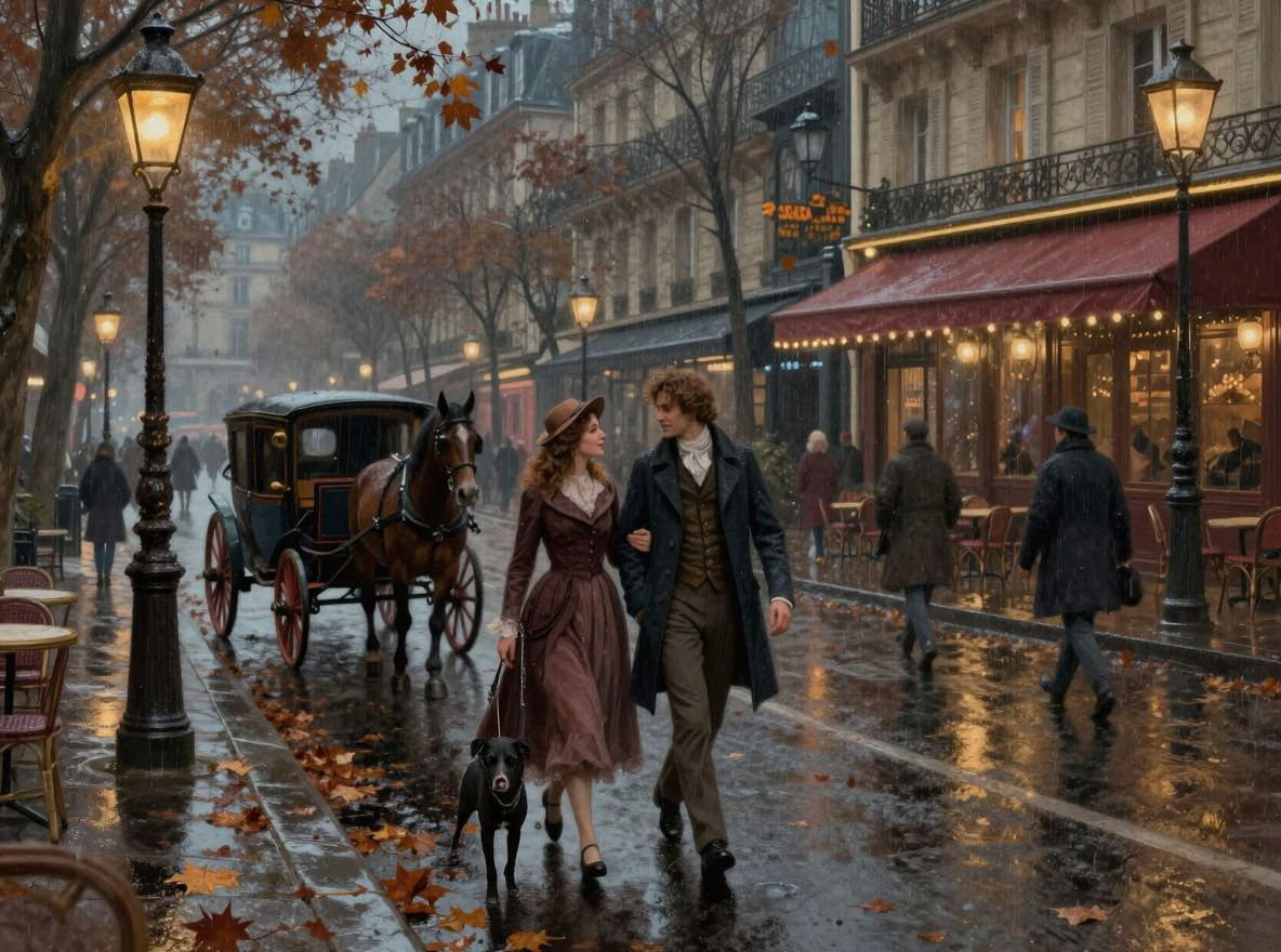 Parisian Autumn Street Scene with Romantic Couple
