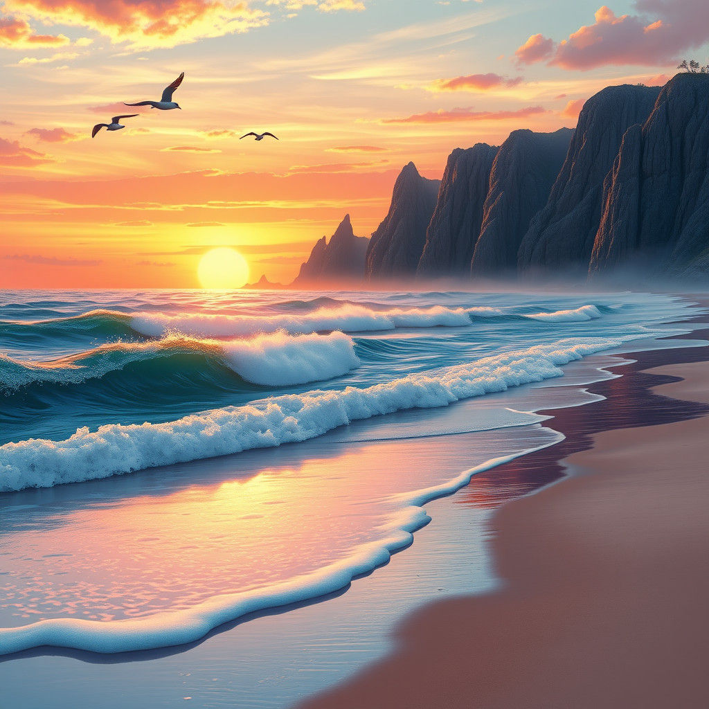 Sunset Coastal Landscape in Astral Cosmic Style