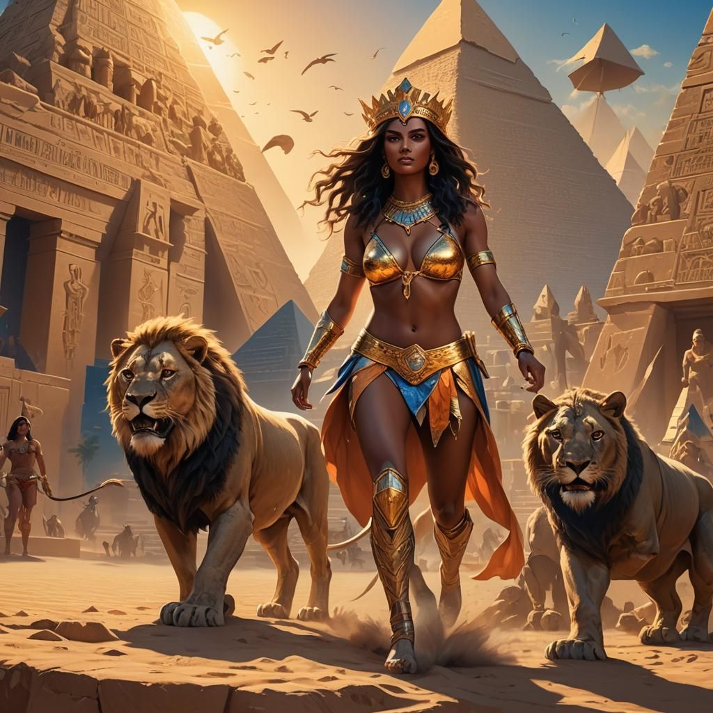 Egyptian Princess Rides Lion in Fantasy Landscape
