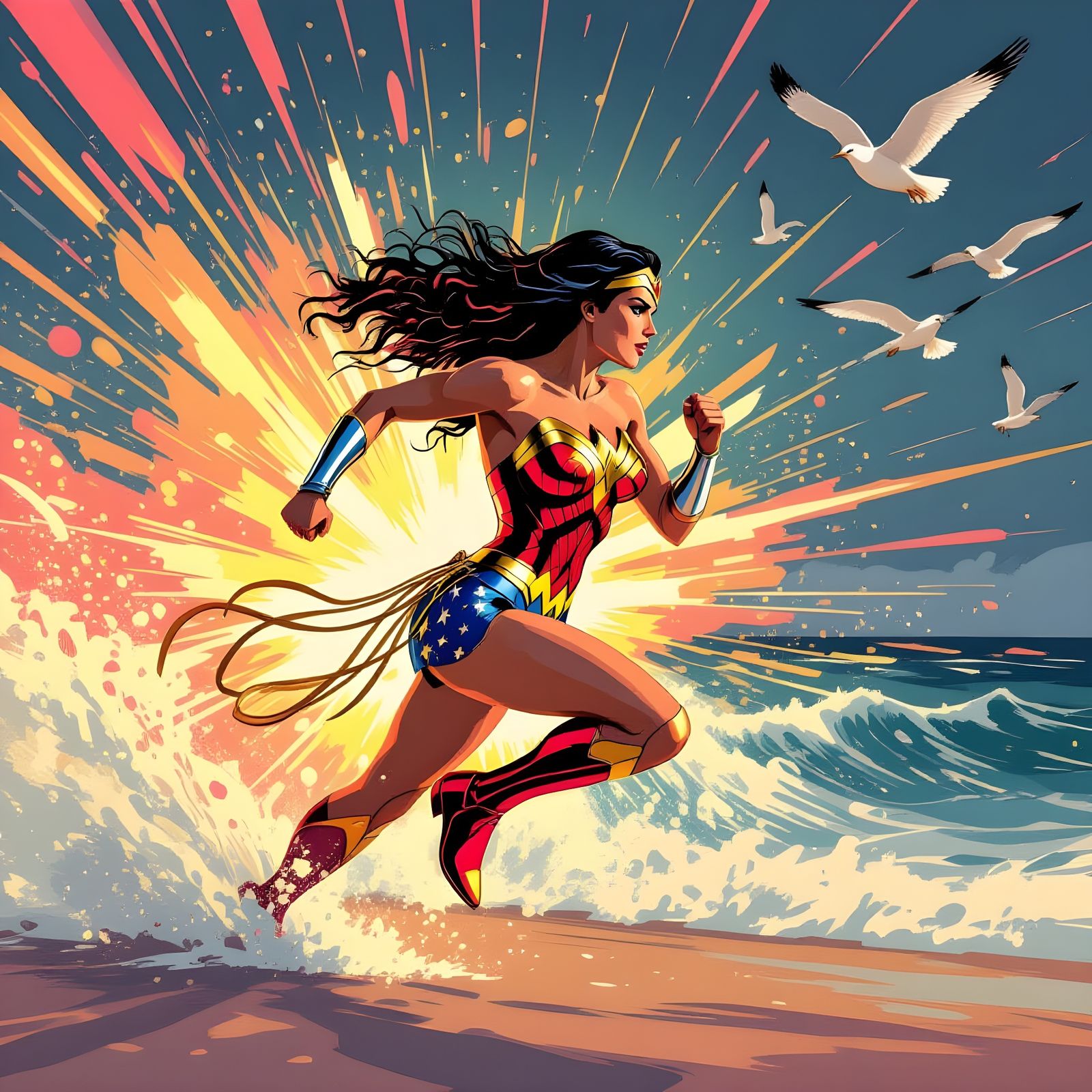 Wonder Woman Sprinting: Expressive Acrylic Splatter Pop Art