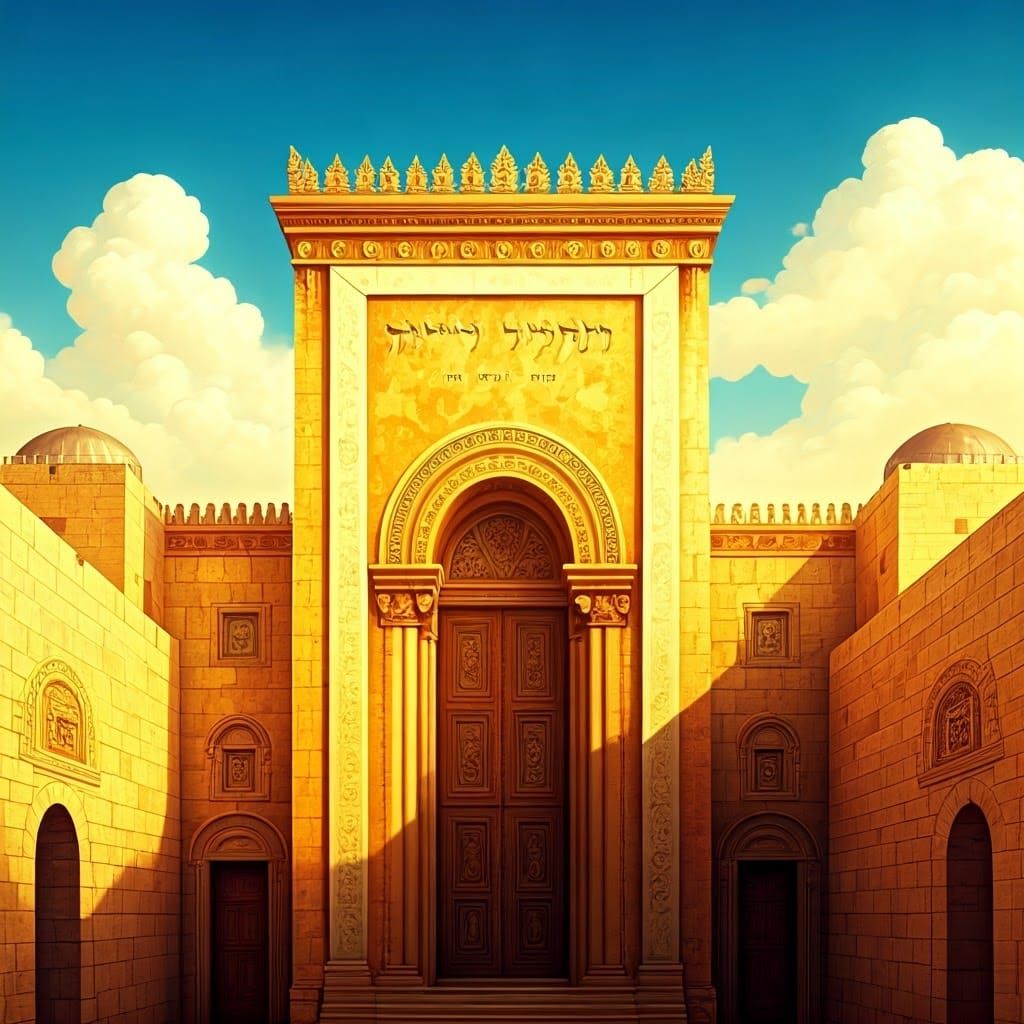 Ancient Jerusalem Temple Radiates Golden Light and Ornate Ca...