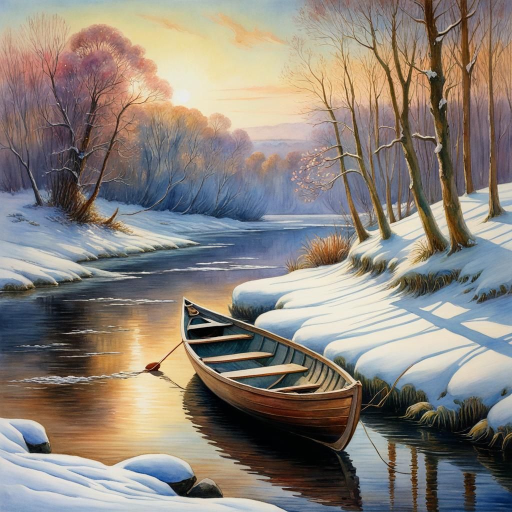 Winter River Rowboat in Watercolour Style