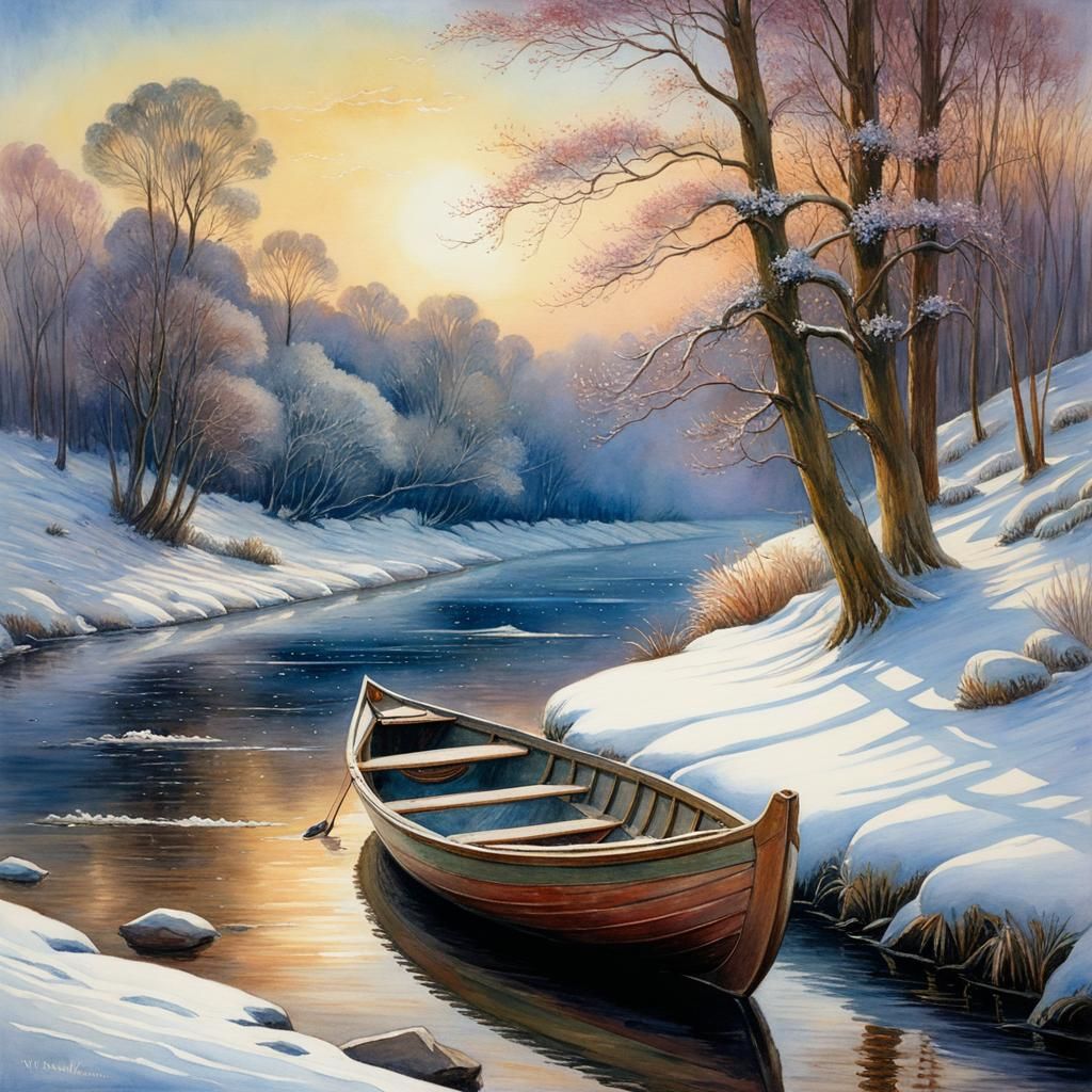 Winter Rowboat Watercolour Painting