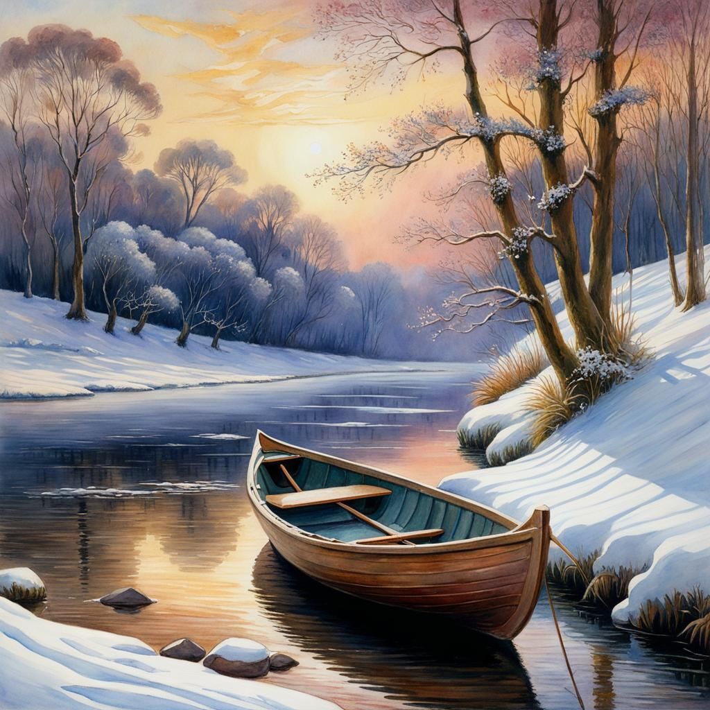 Winter Rowboat: Watercolour Painting in Pre-Raphaelite Style