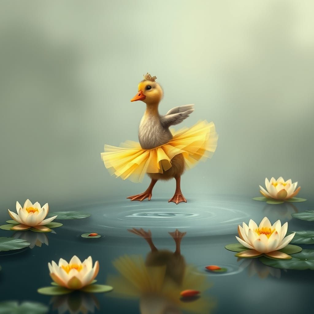 Duckling Ballerina on Misty Pond, Storybook Illustration