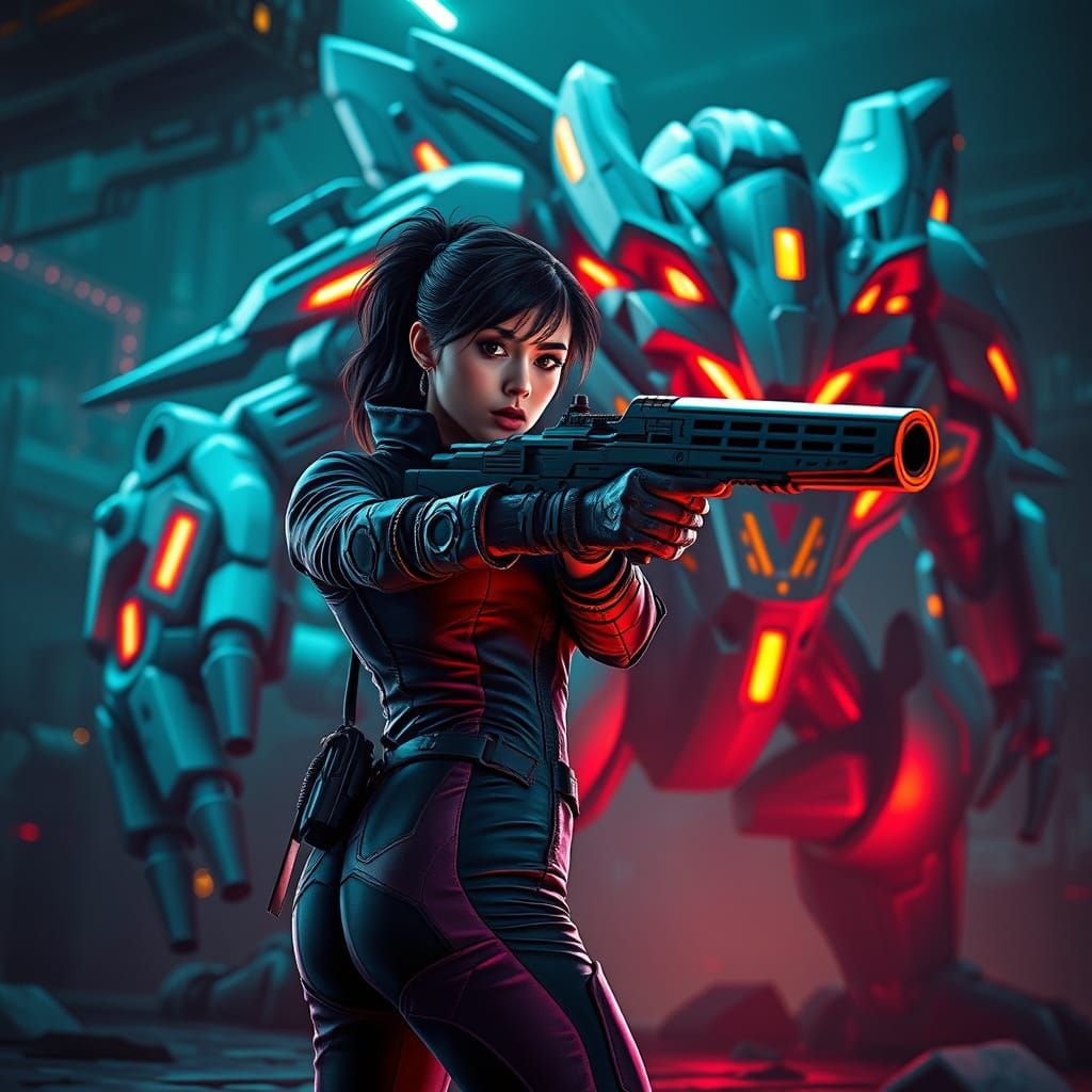 Futuristic Woman Confronts MetalGreymon in Cyberpunk Landsca...