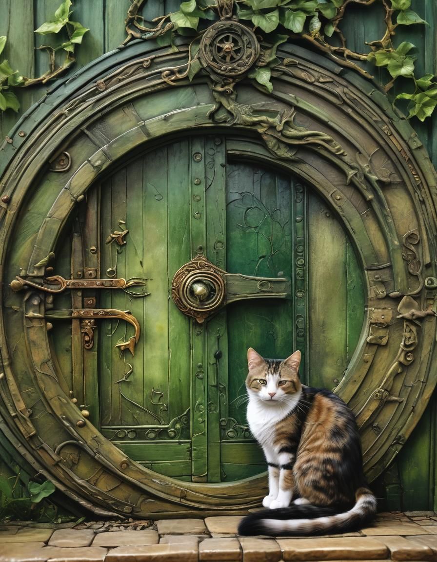 Cat Asleep on Hobbit Door in Fantasy Illustration Style