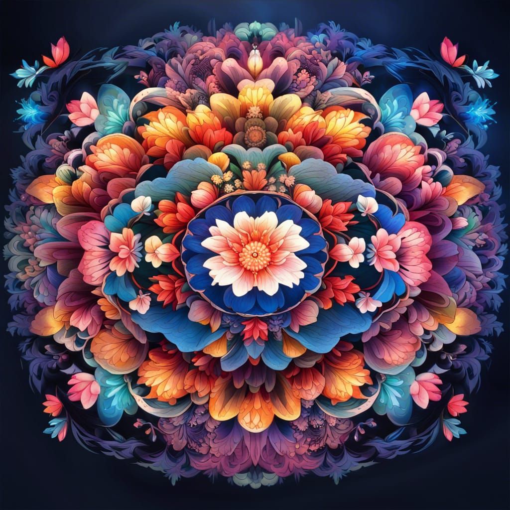 Ukiyo-e Mandala of Colorful Flowers in Anime Style