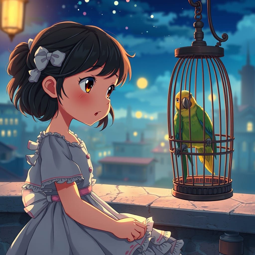 Girl Chats With Parrot in Studio Ghibli Anime Style