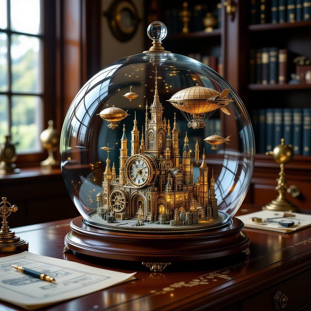 Steampunk City in Glass Dome: Vintage Illustration Style