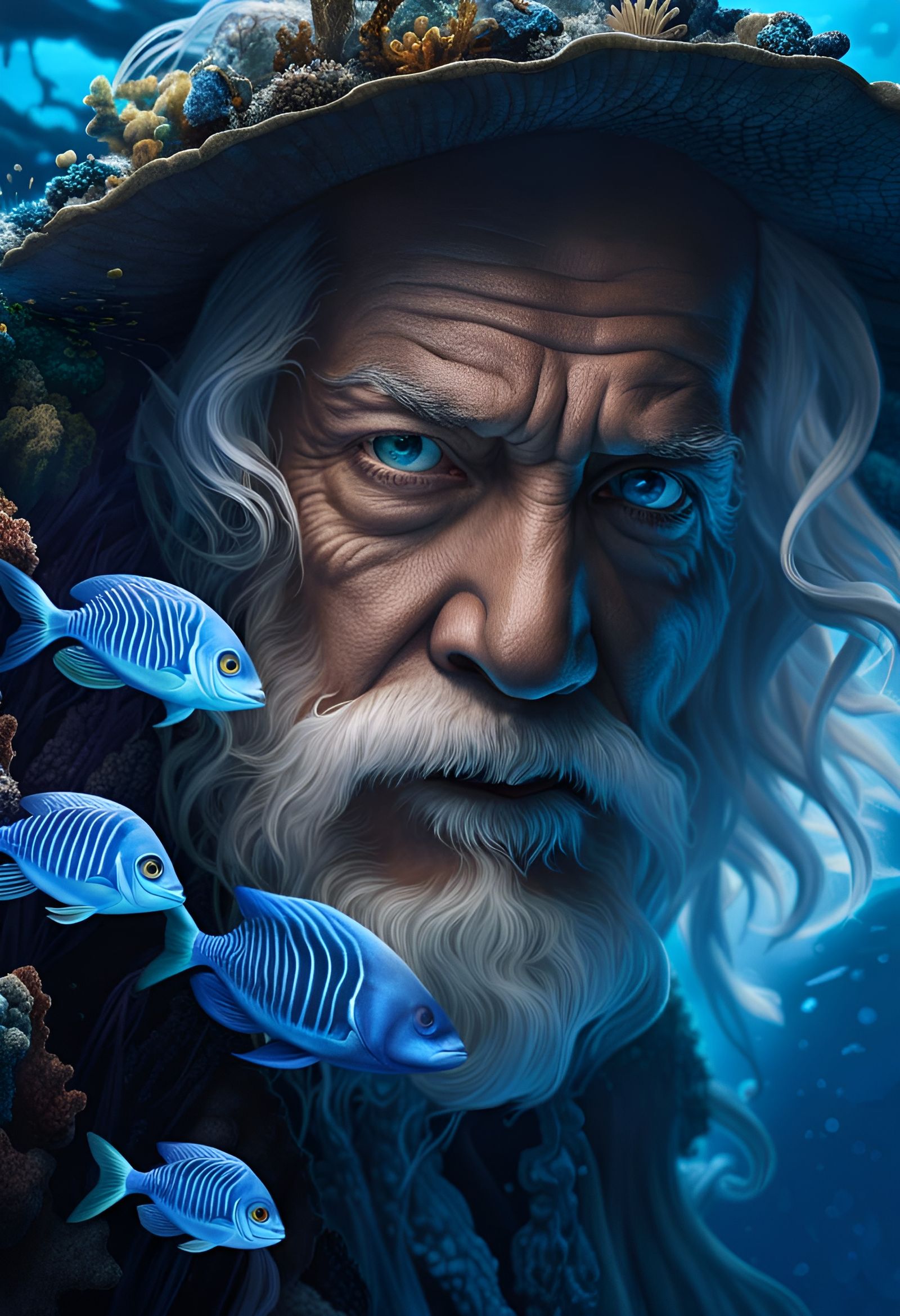 Underwater Portrait of Luminous Old Man in Fantasy Style