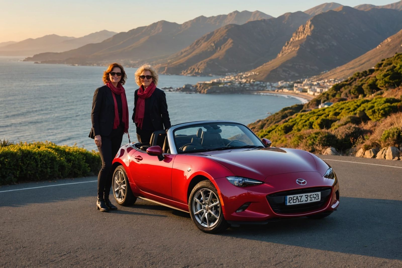 Women with Red Mazda Convertible at Golden Hour