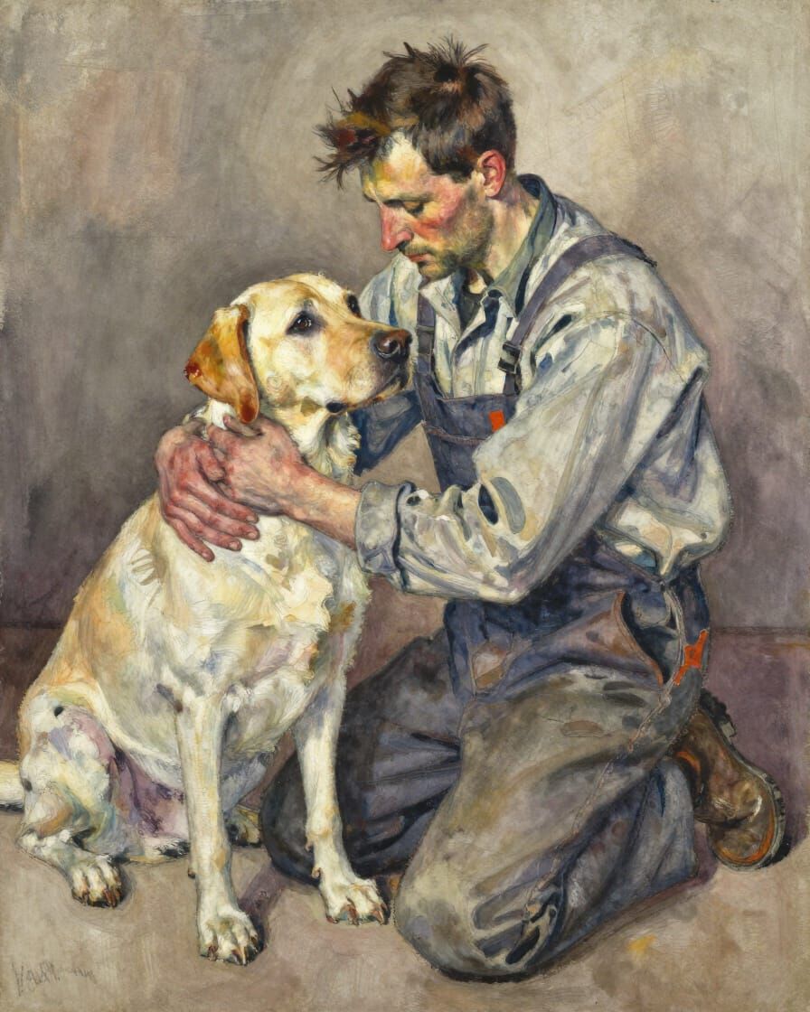 Man Kneels with Dog in Expressive Watercolor Painting