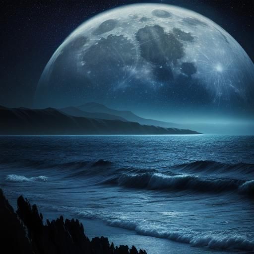 Mysterious Ocean at Night with Meteor and Galaxy