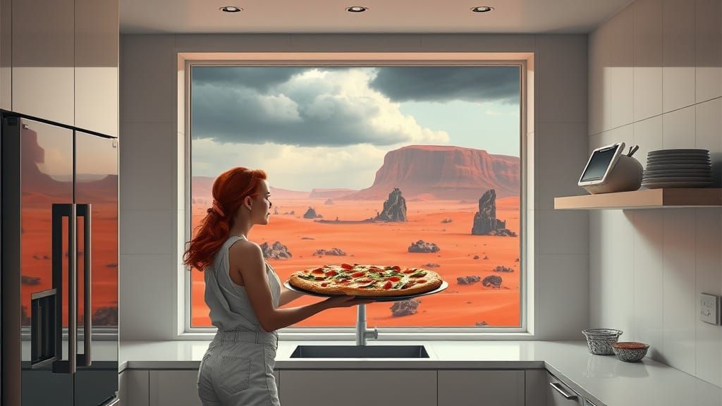 Woman with Pizza in Kitchen Overlooking Alien World