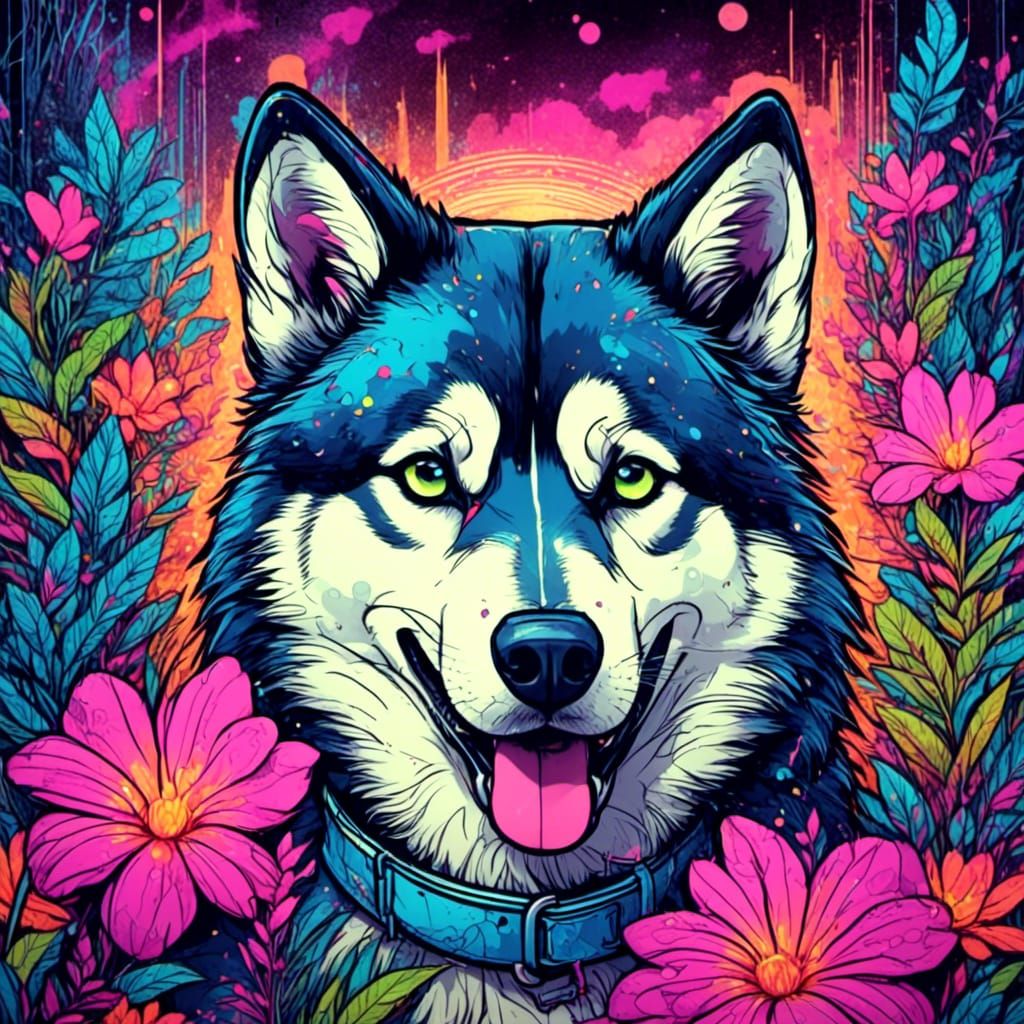 Neon Comic Book Husky Portrait with Jungle Flowers