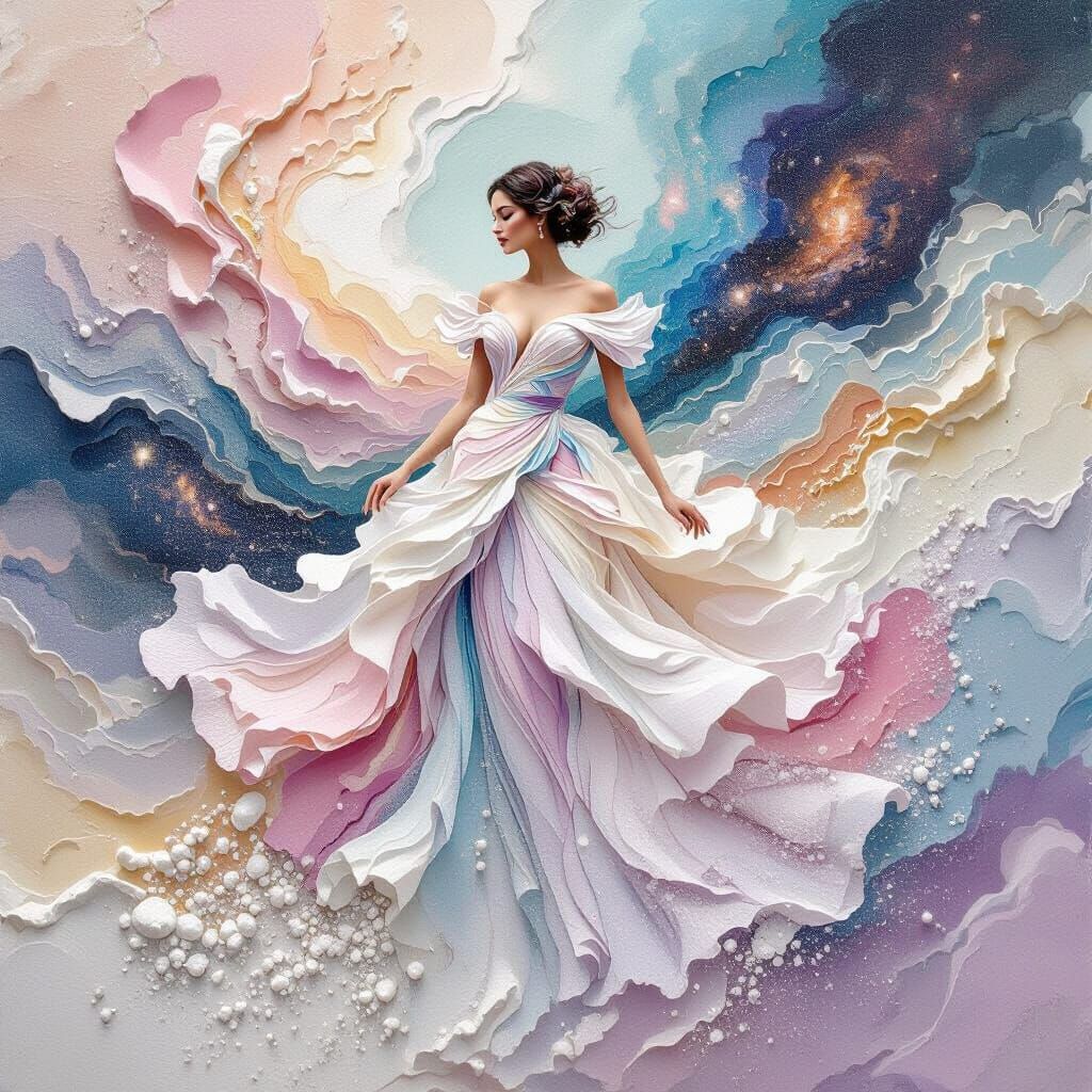 Ethereal Woman in Space, Textured Pastel Art