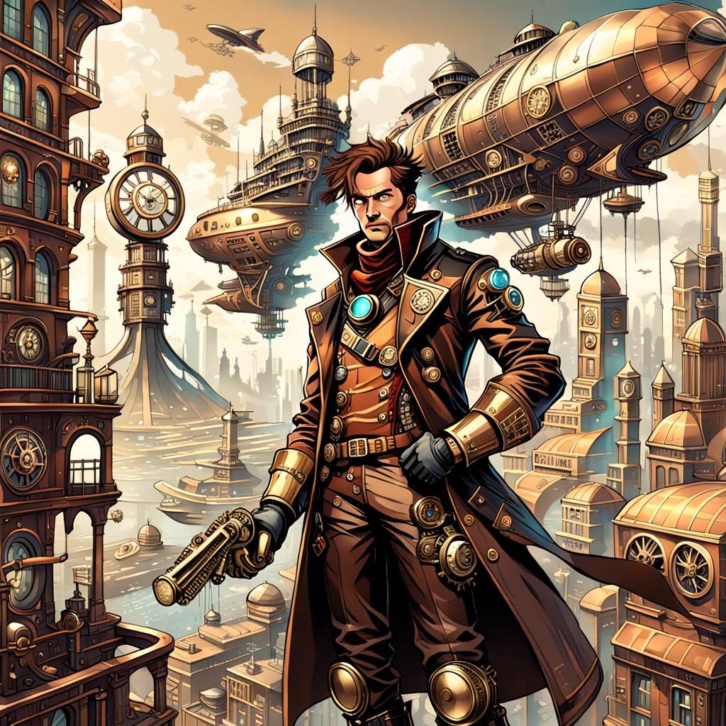 Steampunk Adventurer in Graphic Novel Illustration