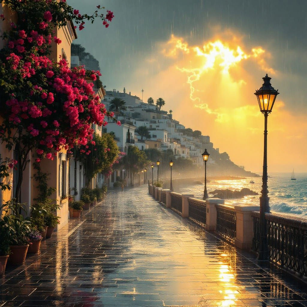 Spanish Shore Village in Summer Rain